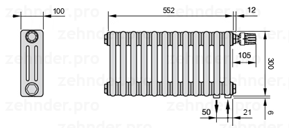 Схема (чертеж) Радиатор Zehnder Charleston 3030/12 №V002 Белый глянцевый RAL 9016